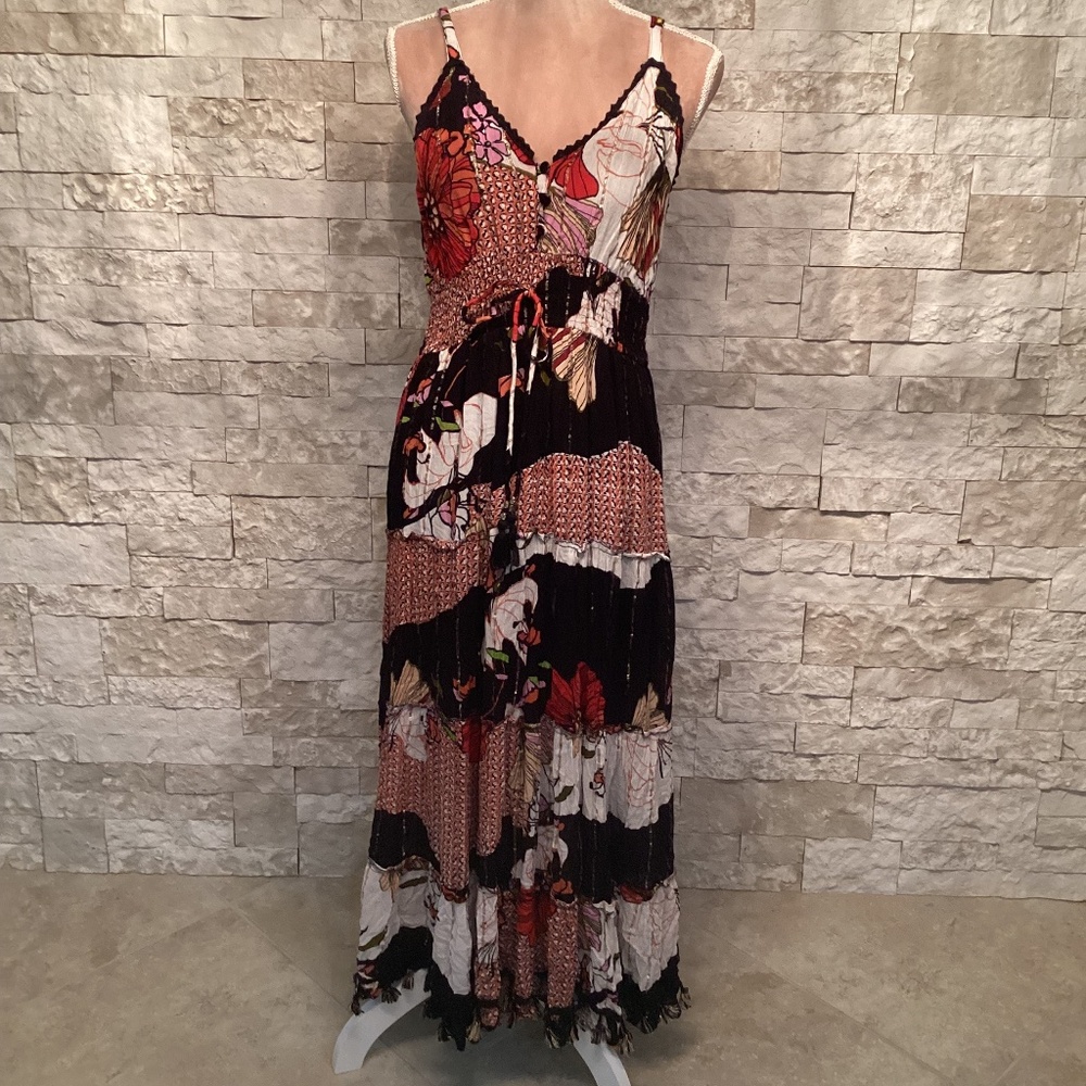 Me 2 Magic x Anthropologie Tiered Floral and Patchwork Maxi Dress